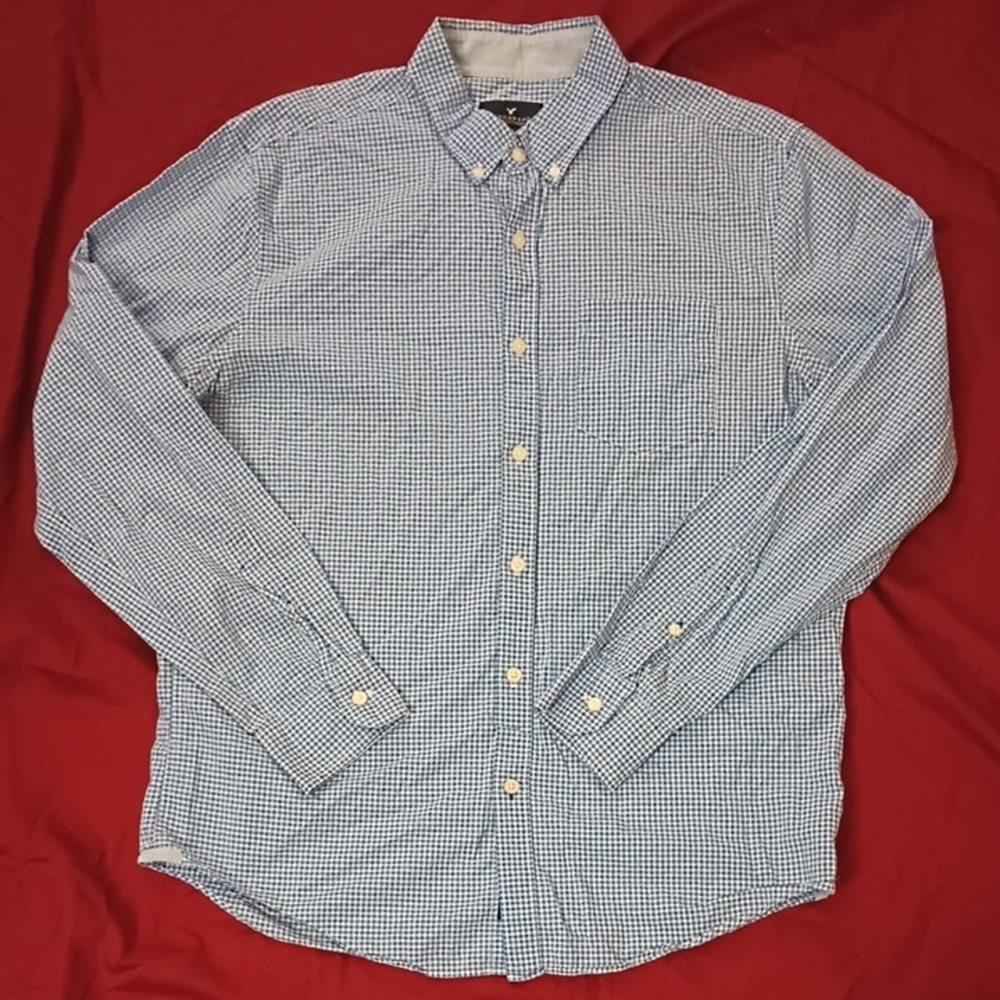 American Eagle Outfitters Light Blue Plaid Men's Shirt Size L Classic Fit Soft